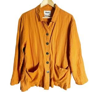 Flax 100% Linen Orange Button Front Shirt Top Size Small